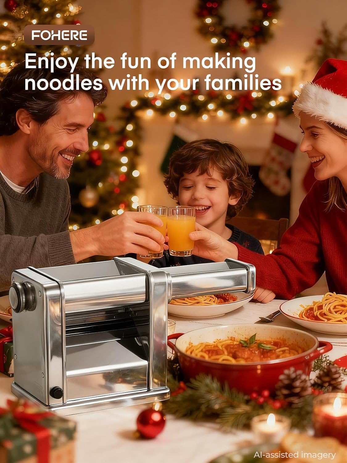 Electric Pasta Maker, 1.5mm Round Noodles/6.6mm Flat Noodles, Fully Automatic, 7 Adjustable Thickness Settings (0.5-3mm), Stainless Steel, FOHERE