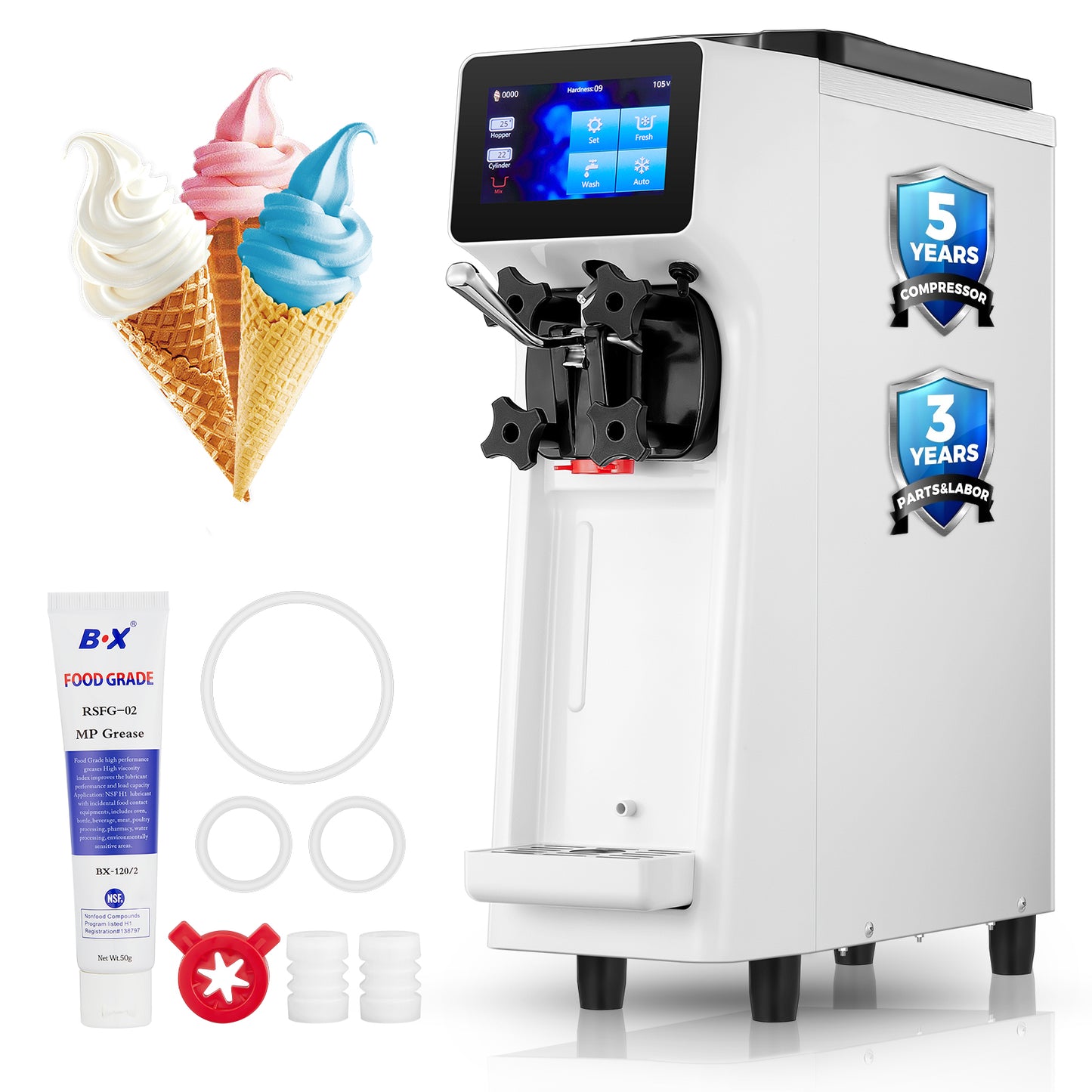Commercial Ice Cream Maker  2.6-5.3 Gal/H Yield, Pre-cooling 1000W Soft Serve Ice Cream Machine, 1000W 4.5L Hopper 1.6L Cylinder Touch Screen Auto Clean, for Café Snack Bar Food Truck Restaurant, White