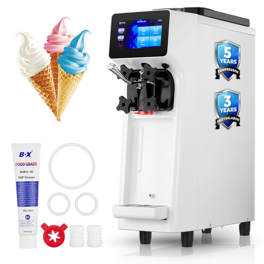Commercial Ice Cream Maker  2.6-5.3 Gal/H Yield, Pre-cooling 1000W Soft Serve Ice Cream Machine, 1000W 4.5L Hopper 1.6L Cylinder Touch Screen Auto Clean, for Café Snack Bar Food Truck Restaurant, White