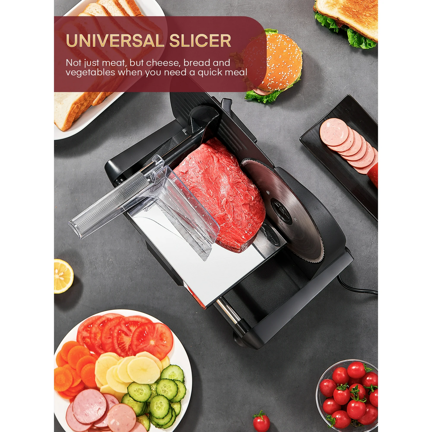 Meat Slicer, 200W Electric Food Slicer, with 7.5Inch Dual Stainless Steel Blades, Adjustable Thickness, Detachable, Easy Clean