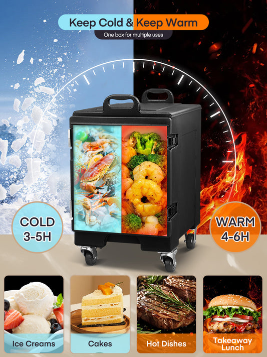 Catering Hot Box Food Warmer w/Wheels, 82Qt LLDPE Insulated Food Pan Carrier, Stackable Design, Handles, Front Loading Food Warmer for Restaurant Canteen Party