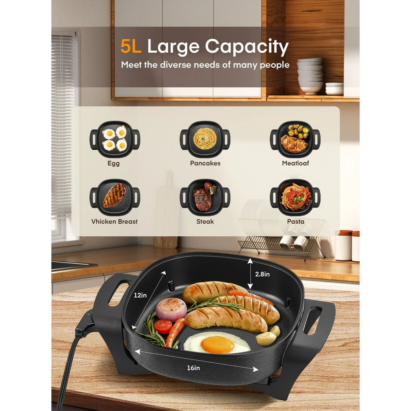Electric Skillet, 12 Inch Deep Non Stick Electric Frying Pan with Standable Glass Lid, 3 Marked Heating Levels, Heat Resistant Handles, 1360W, Black, 6x12x2.8 inch