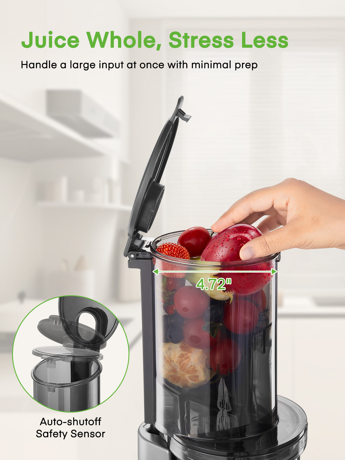 Fohere Cold Press Juicer Extractor, Juicer Machines Vegetable and Fruit Fit Whole Fruits & Vegetables with 4.72" Wide Mouth Easy to Clean, Slow Masticating Juicer with Reverse Function, Quiet Motor