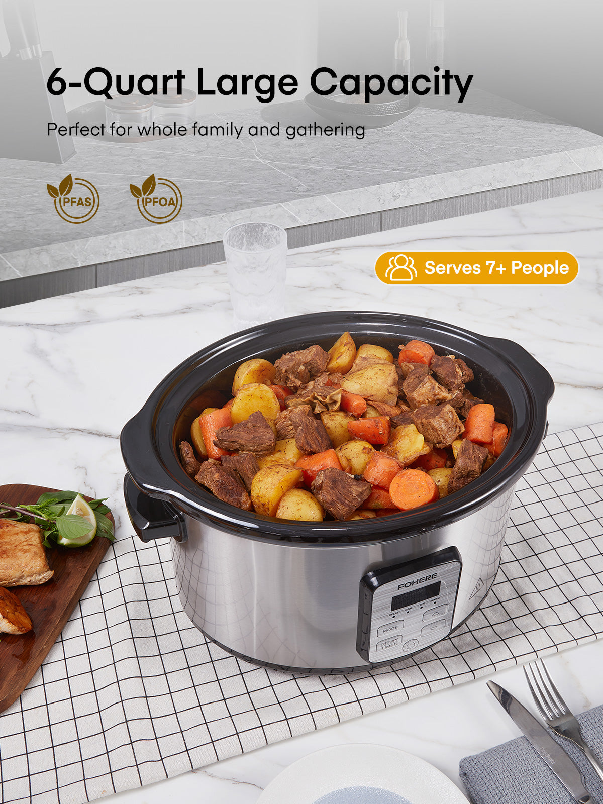 FOHERE 6.0 Qt Programmable Slow Cooker, Ceramic Ineer Pot, Adjustable Temperature & Cooking Times, Dishwasher Safe Stoneware Pot & Tempered Glass Lid