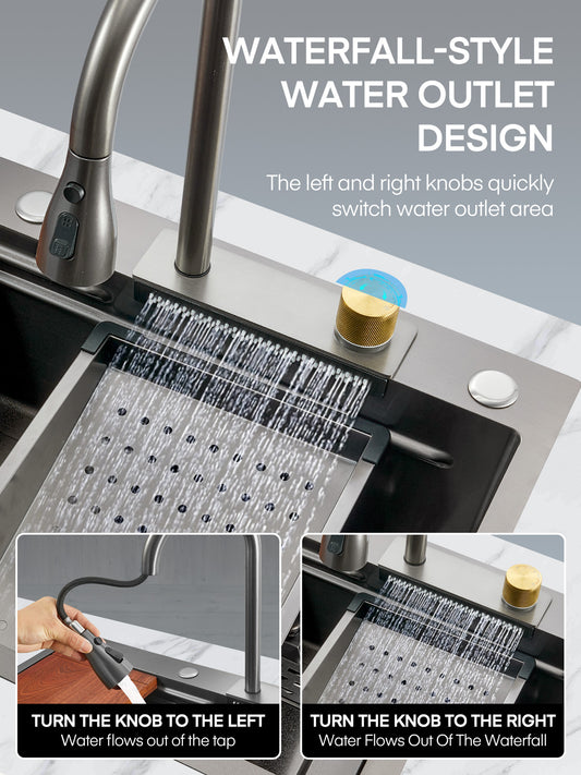 31.5" Waterfall Stainless Steel Kitchen Sink Set with Pull-Down Dual Temperature Control Faucet