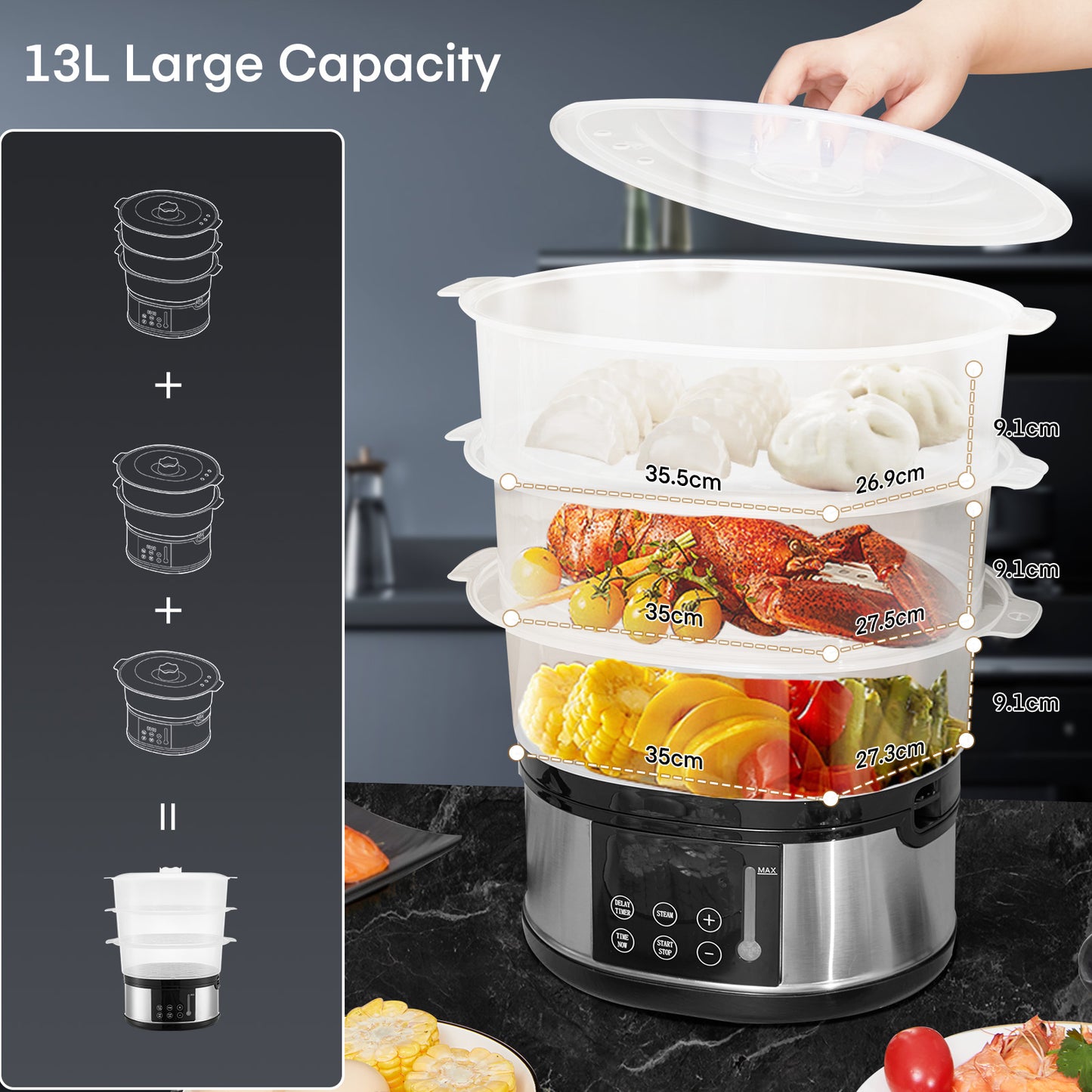 3 Tier Food Steamer 13.7QT, FOHERE 800W Electric Food Steamer for Cooking, Auto Shut-off 60-min Timer, 24H Delay Start Timer for Veggies Seafood Rice
