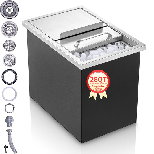 Drop in Ice Chest, 18" x 12" x 14.5", 28Qt Stainless Steel Ice Cooler with Sliding Lid