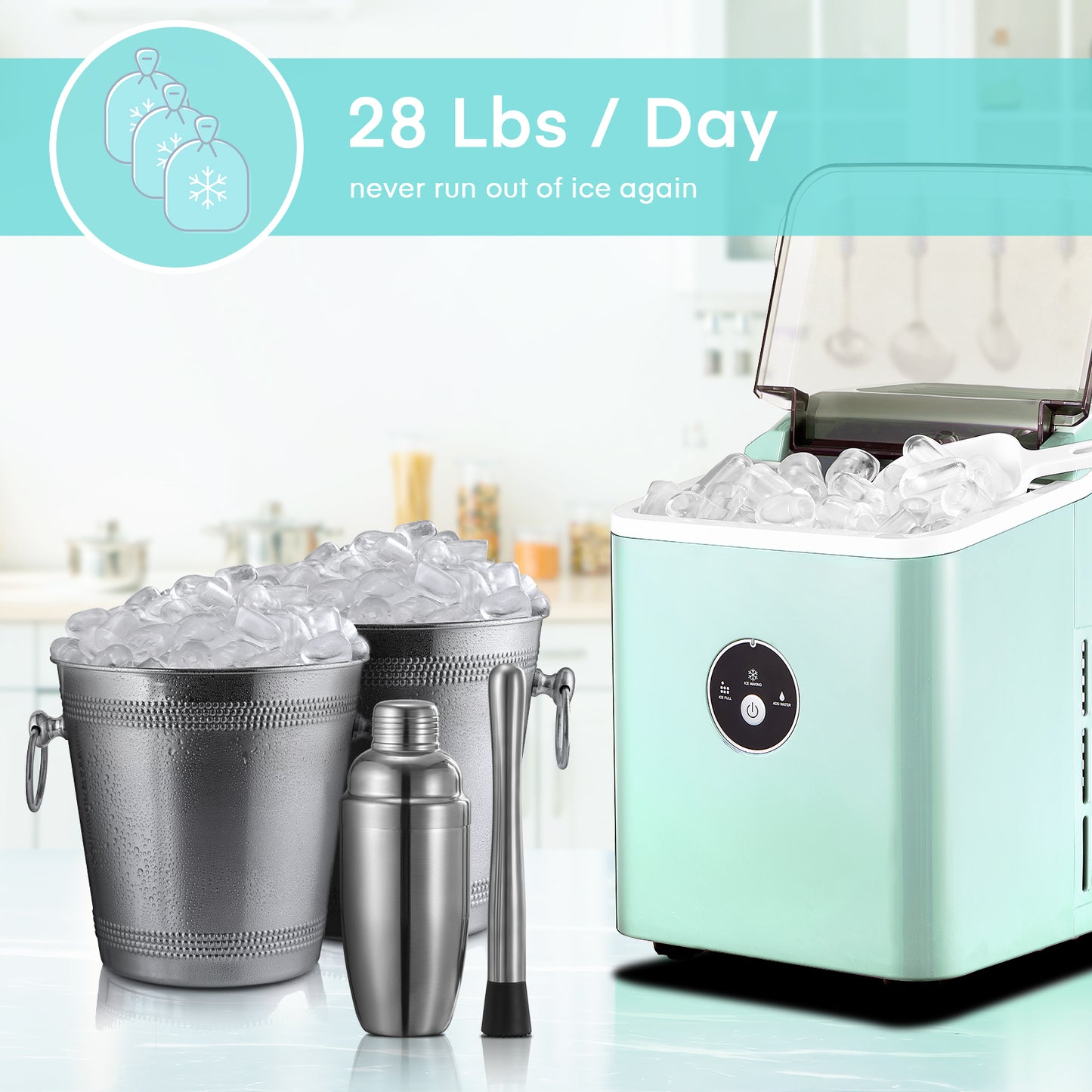 Mini Ice Maker Countertop, 9 Ice in 𝟔 𝐌𝐢𝐧𝐮𝐭𝐞𝐬, 𝟐𝟖 𝐥𝐛𝐬 Bullet-shaped Ice in 24 Hrs, 2.1Qt Water Tank, 3.3lbs Ice Basket, Quiet under 40dB, Easy One-button Operation, Super Lightweight to Move, Perfect for Parties Home Kitchen Office, Blue