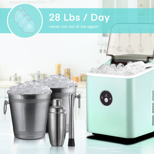 Mini Ice Maker Countertop, 9 Ice in 𝟔 𝐌𝐢𝐧𝐮𝐭𝐞𝐬, 𝟐𝟖 𝐥𝐛𝐬 Bullet-shaped Ice in 24 Hrs, 2.1Qt Water Tank, 3.3lbs Ice Basket, Quiet under 40dB, Easy One-button Operation, Super Lightweight to Move, Perfect for Parties Home Kitchen Office, Blue