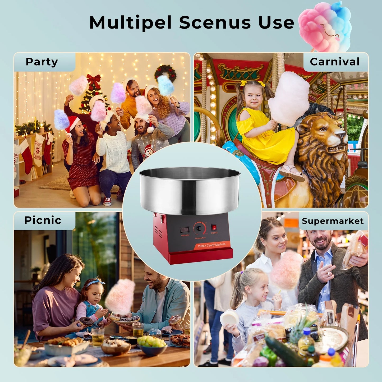 FOHERE Commercial Cotton Candy Machine, 1000W Cotton Candy Maker Machine, Candy Floss Maker with Stainless Steel Bowl, and Sugar Scoop,for Family Party, Kids Birthday Red