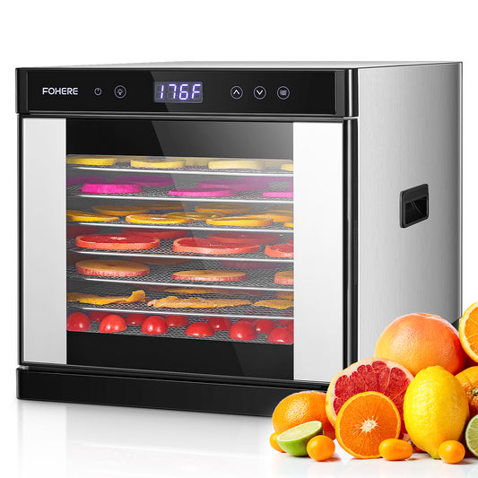 FOHERE Food Dehydrator, Beef Jerky Dryer, 8-Layer Stainless Steel Drying Food, 48h Timer and Temperature Settings, Fruit Vegetable Meat Pet Snack Dehydrator