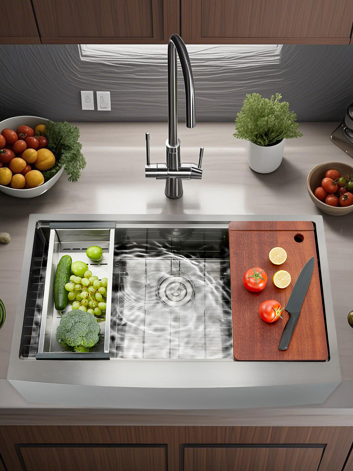 36" Farmhouse Single Basin Stainless Steel Sink, Above Counter Kitchen Sink, 5-in-1