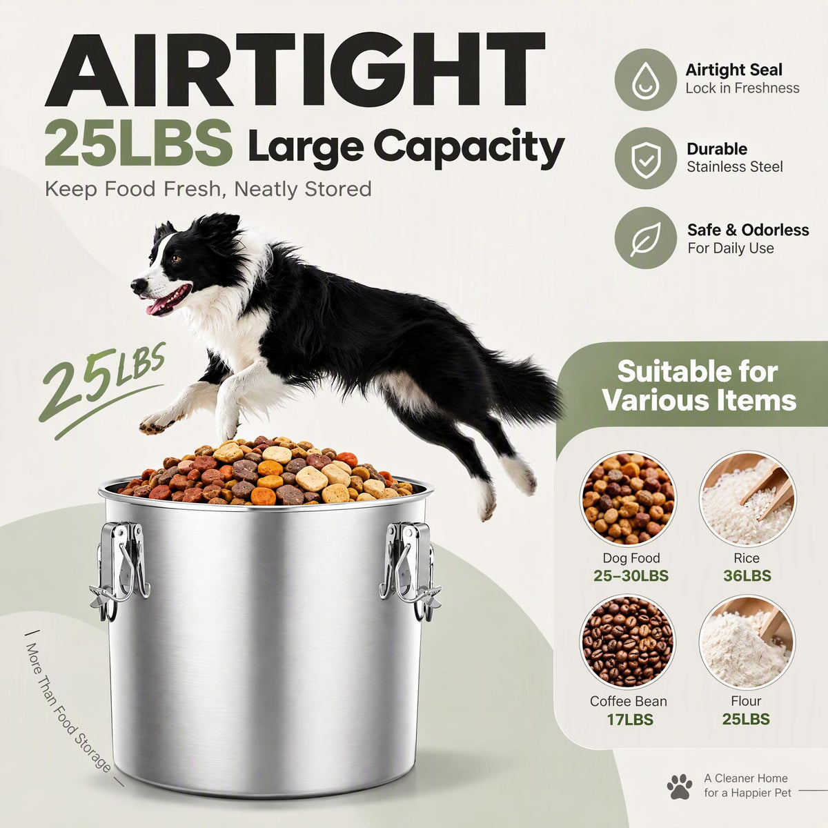 FOHERE Stainless Steel Dog Food Storage Container 25-30 LBS, Airtight Locking Lid Pet Food Bin, Moisture Proof Kibble Storage for Dogs Cats, Keep Fresh Easy to Clean