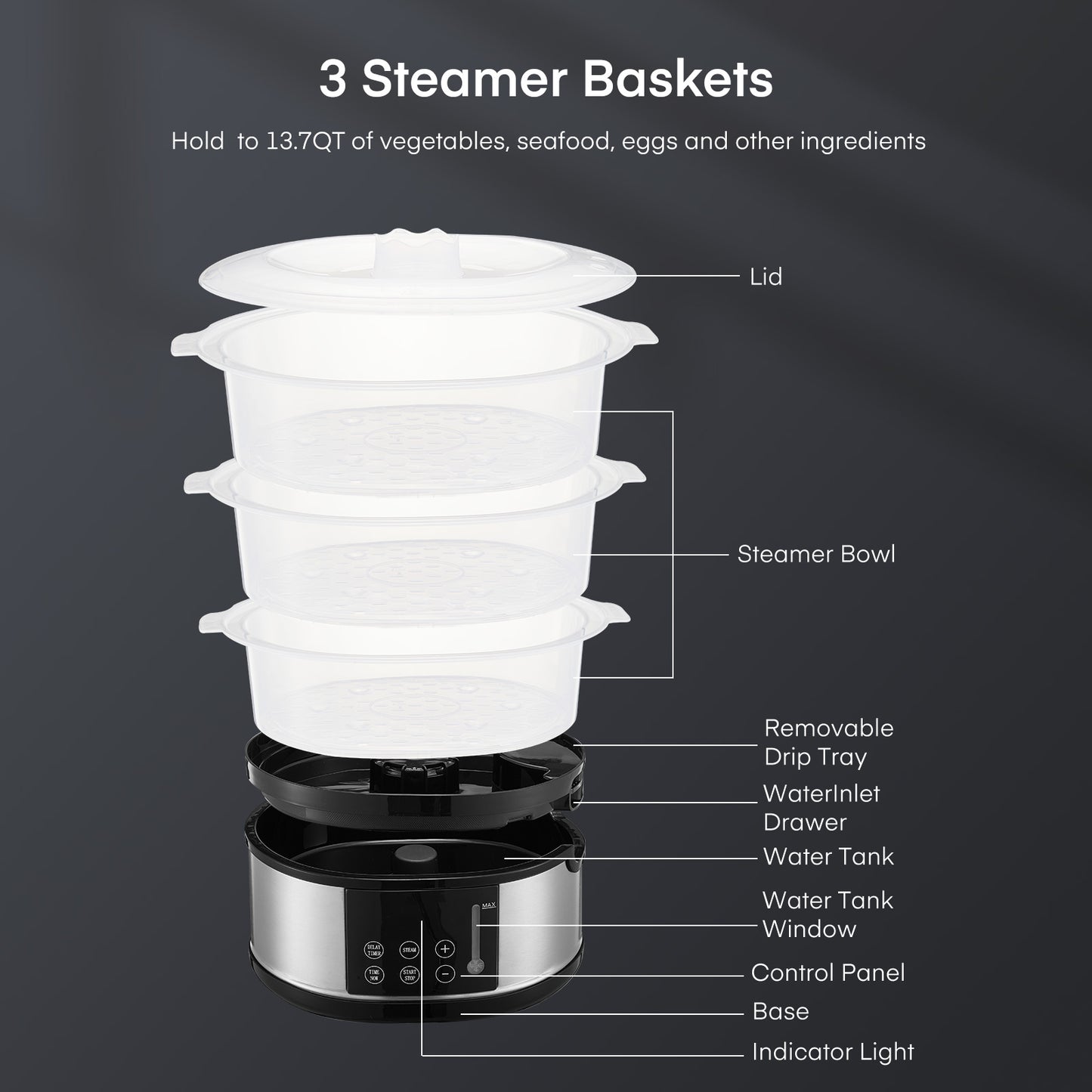3 Tier Food Steamer 13.7QT, FOHERE 800W Electric Food Steamer for Cooking, Auto Shut-off 60-min Timer, 24H Delay Start Timer for Veggies Seafood Rice