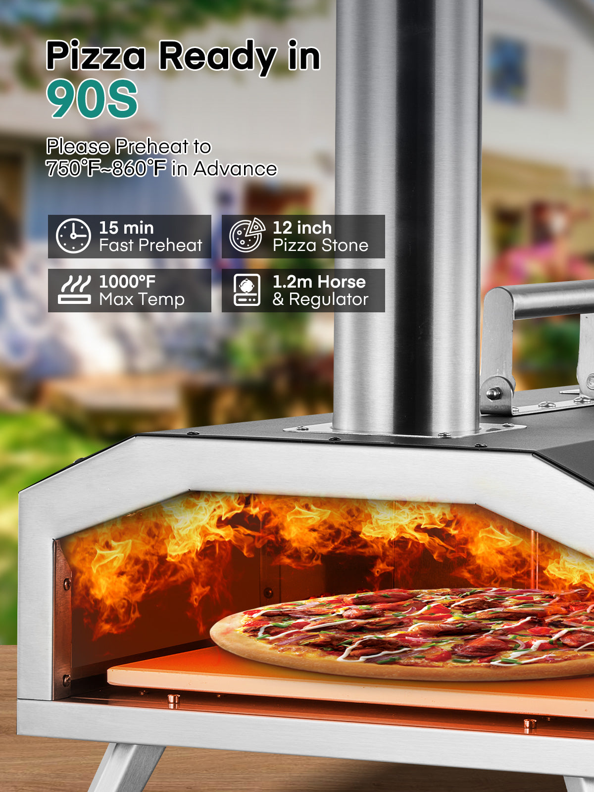 12" Outdoor Pizza Oven, FOHERE Portable Gas/Wood Pellet Pizza Oven, Ready in 90 S, Triple Insulation