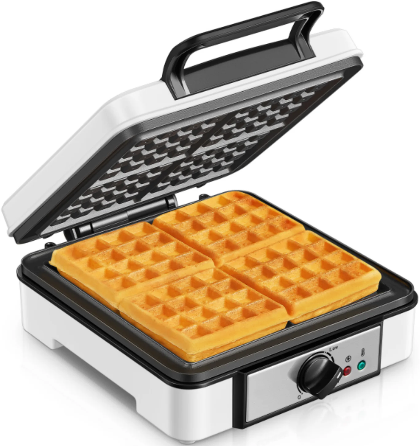 Belgian Waffle Maker 𝟒 𝑺𝒍𝒊𝒄𝒆𝒔, 𝟏𝟐𝟎𝟎𝑾 Waffle Iron, Waffle in 𝟓 𝑴𝒊𝒏𝒔, 5 Browning Levels, Nonstick Plates, Cool-touch Handle, Anti-scald, Anti-overflow, Indicator Lights, Recipe, White