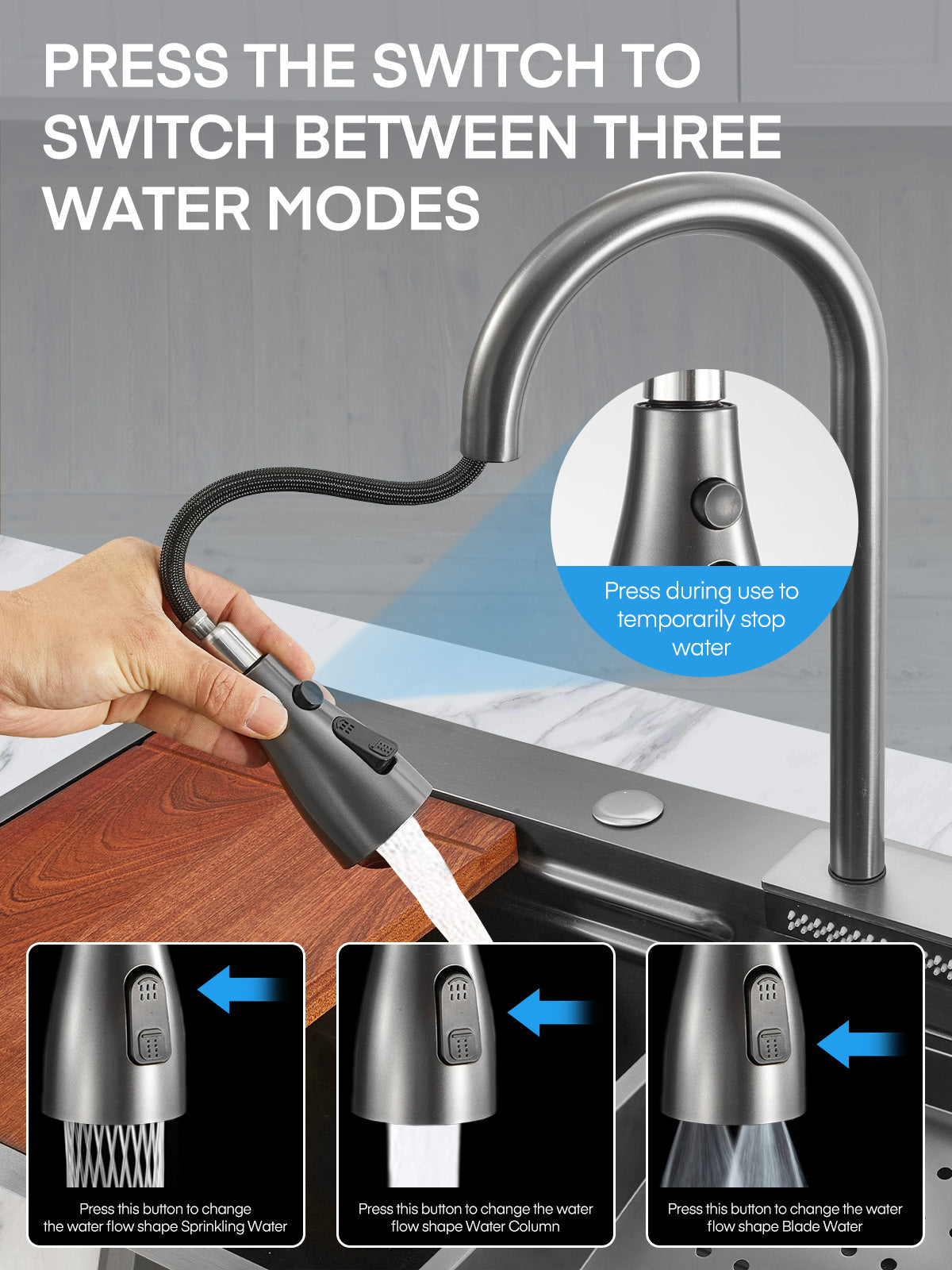 31.5" Waterfall Stainless Steel Kitchen Sink Set with Pull-Down Dual Temperature Control Faucet