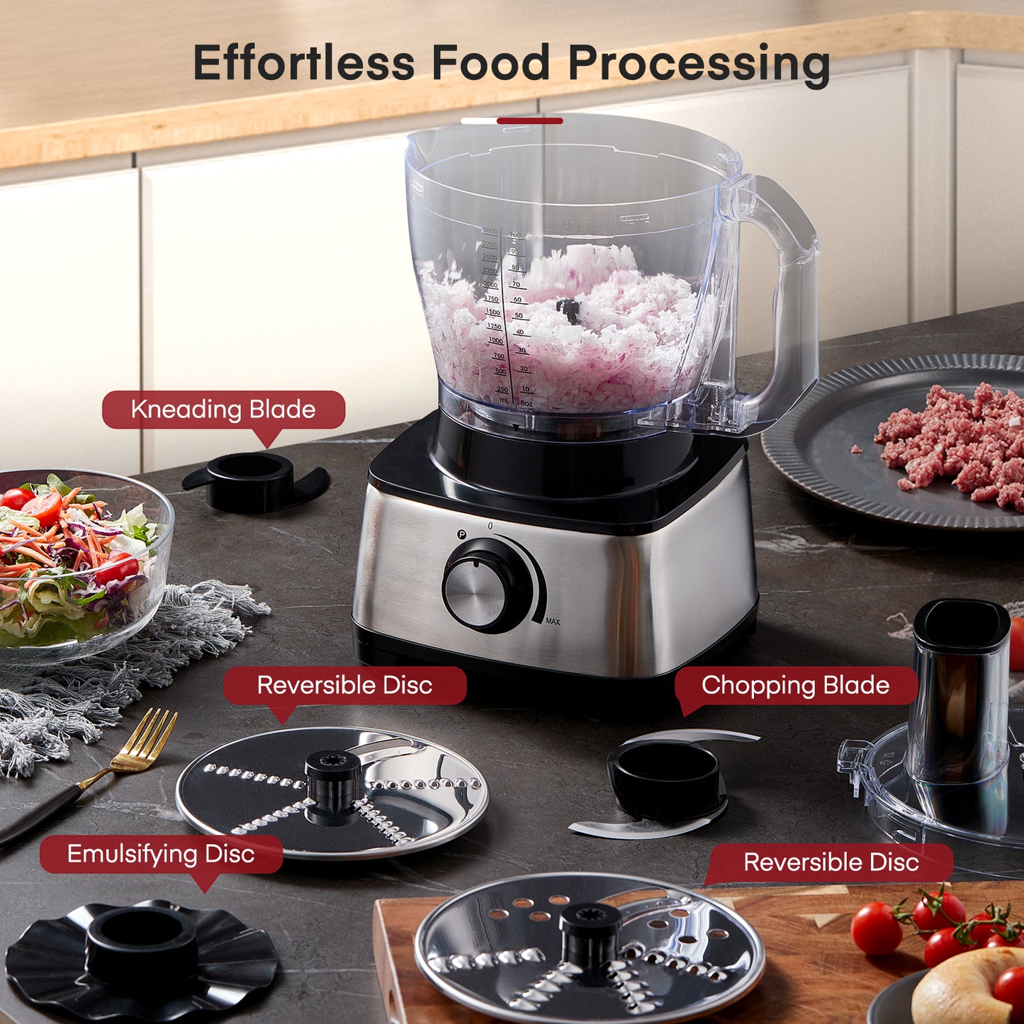 Food Processor 14 Cup, 600w, 2016W Peak Motor, 6 Functions for Shredding, Slicing, Doughing, Emulsifying and Juicing