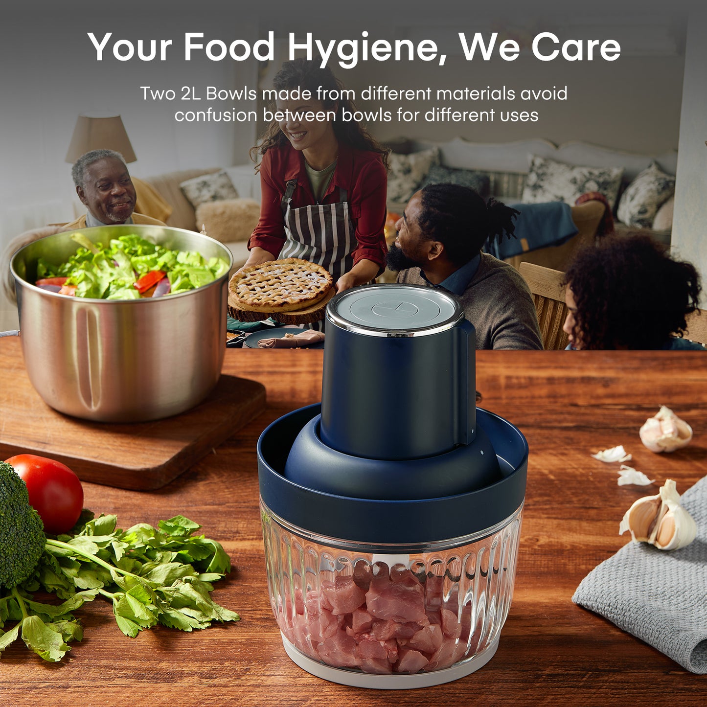 Food Processor, Electric Meat Grinder & Powerful 300W Food Chopper with Two Bowls (7 Cup+8 Cup) & 2 Bi-Level Blades for Nuts, Meat, Onion, Garlic, Baby Food