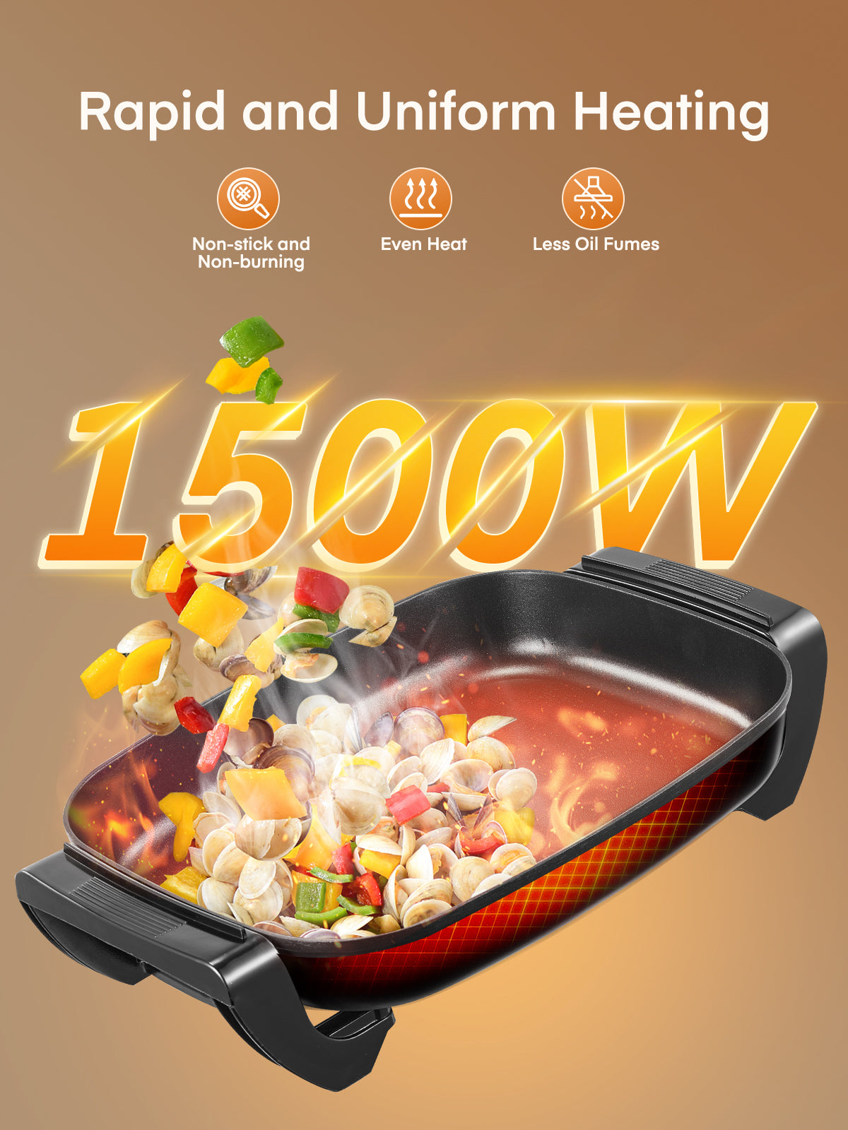 FOHERE 16-Inch Electric Skillet with Non-Stick Coating, Tempered Glass Cover, Precise Temperature Control, 1500W