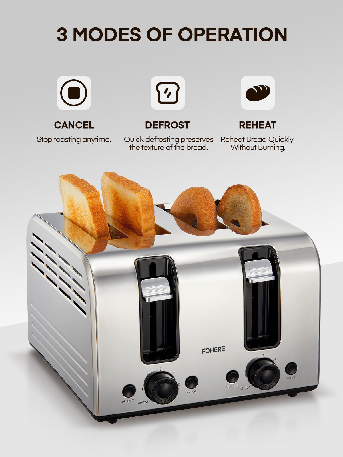 4-Slice Toaster -Stainless Steel Toaster Wide Slot, with Dual Control Panels, 6 Shade Settings, Removable Crumb Tray, Defrost, Reheat, Cancel