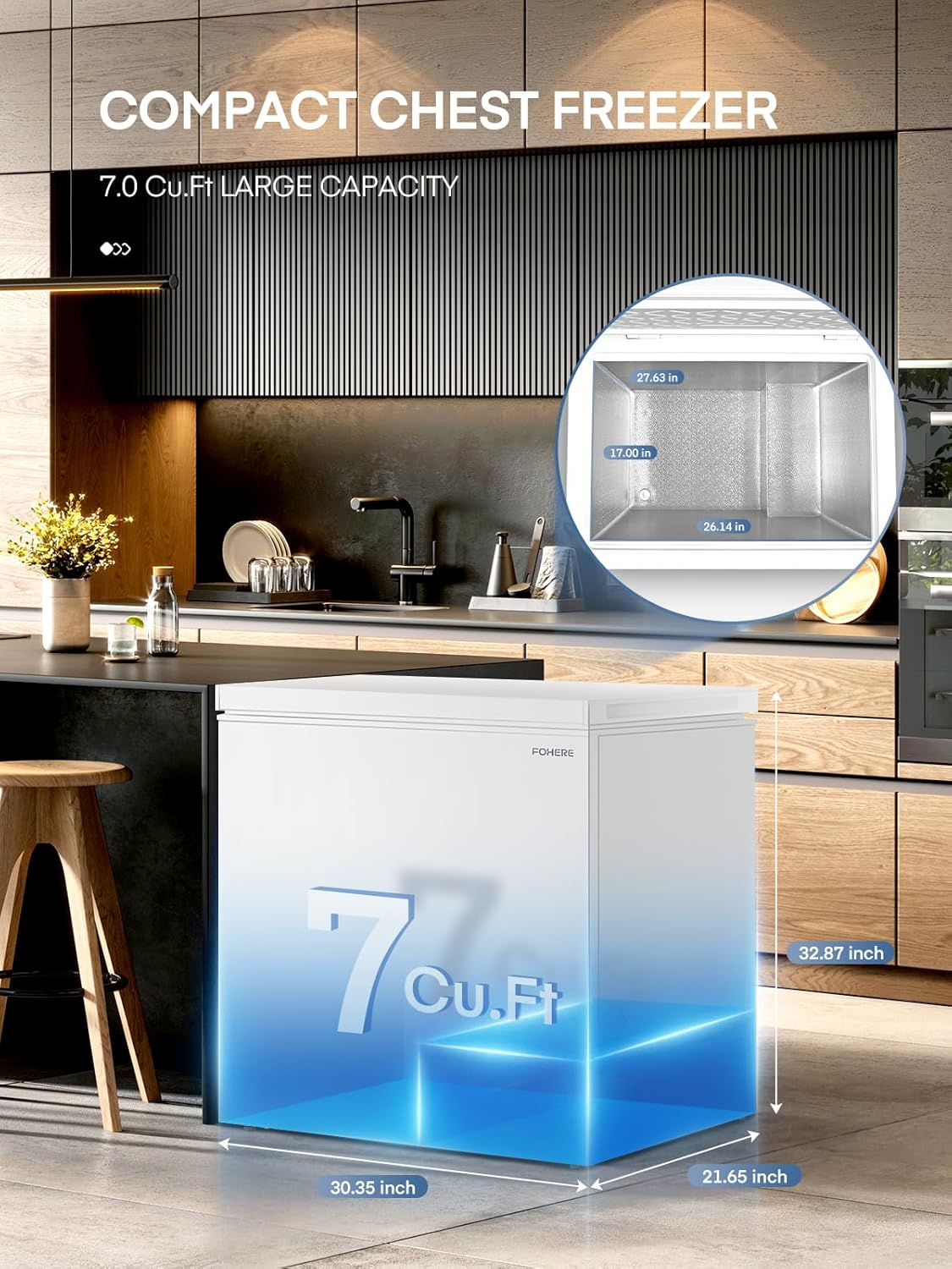Chest Freezer 7 Cu Ft - 3 Removable Baskets - Quiet Compact Freezer - White