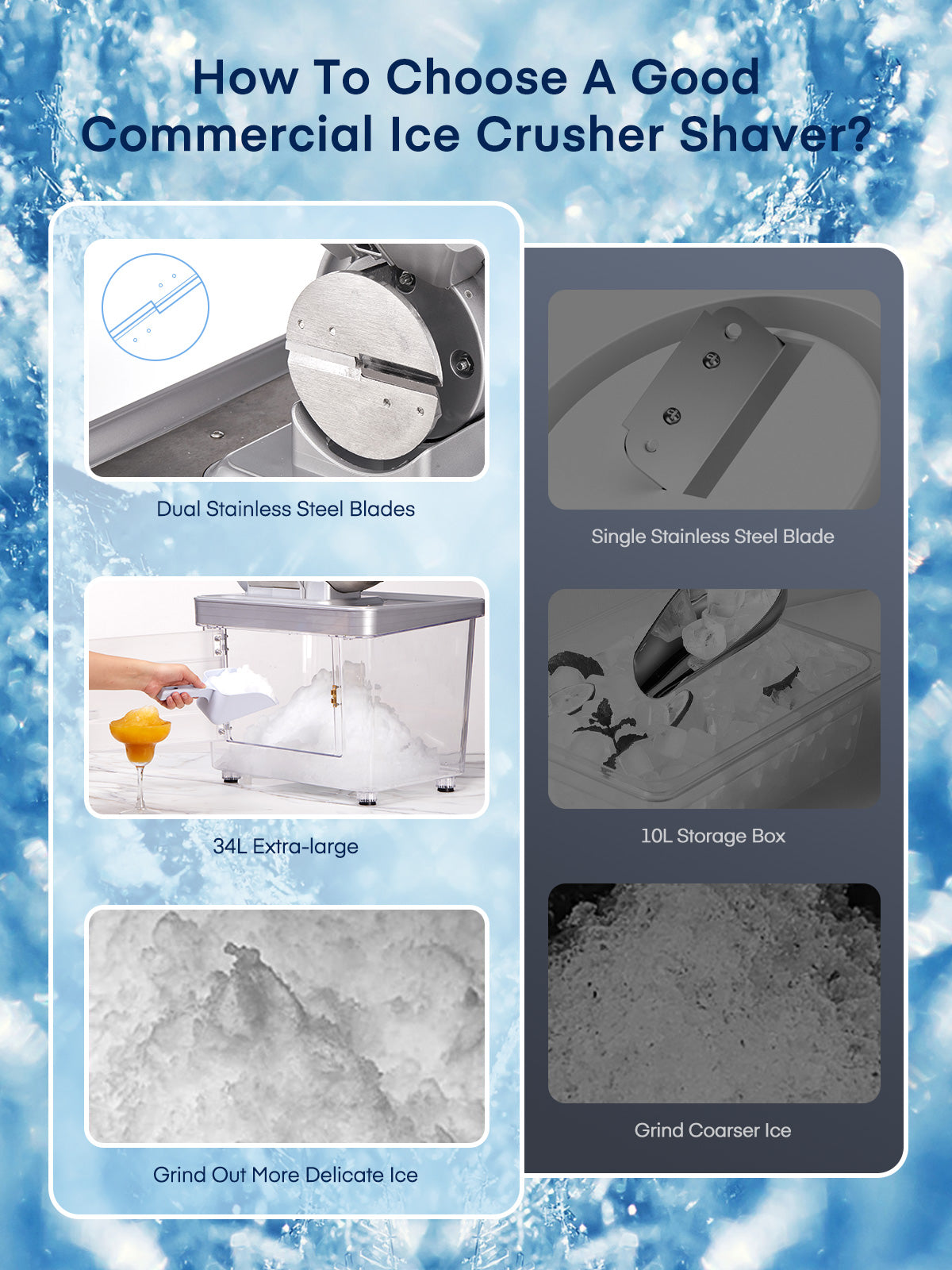 Ice Crusher 660LBS/H, 300W Electric Snow Cone Machine with Dual Blades, Stainless Steel Shaved Ice Machine