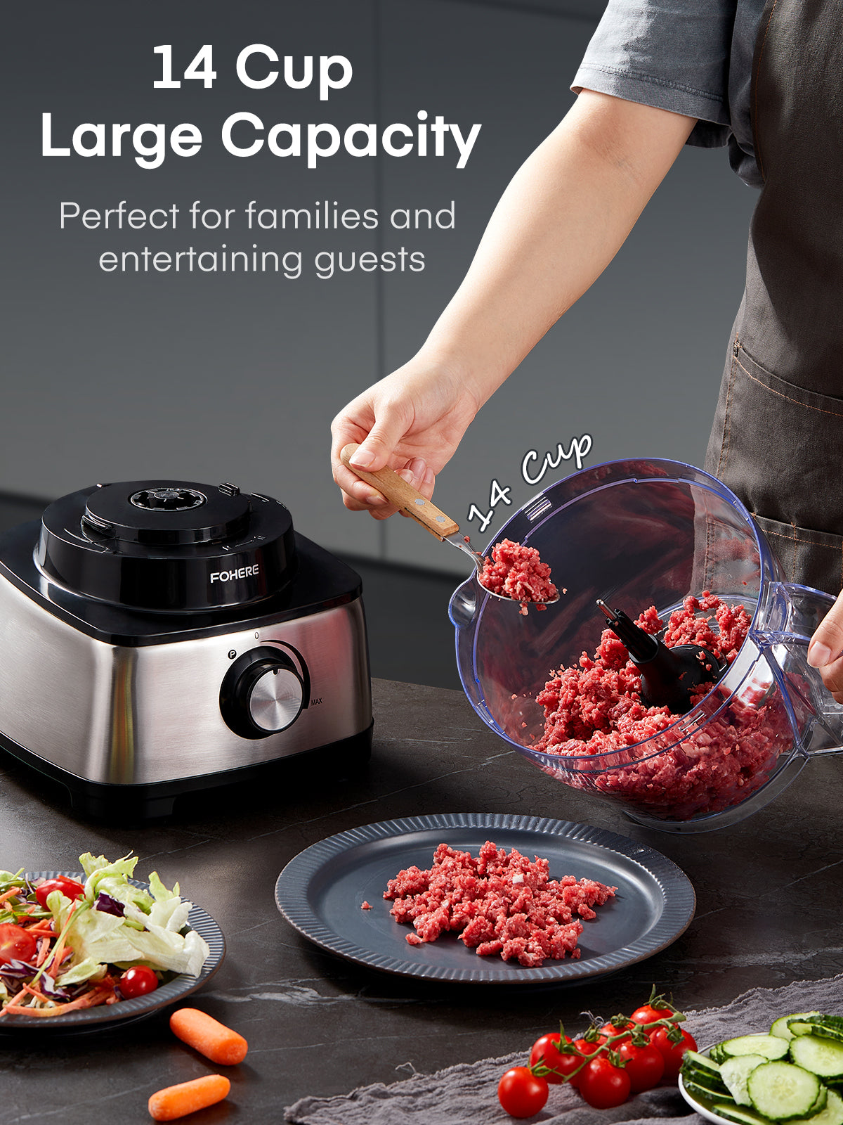 14 Cup Food Processor and Vegetable Chopper, 600W, 6 Functions for Shredding, Slicing, Doughing, Emulsifying and Juicing