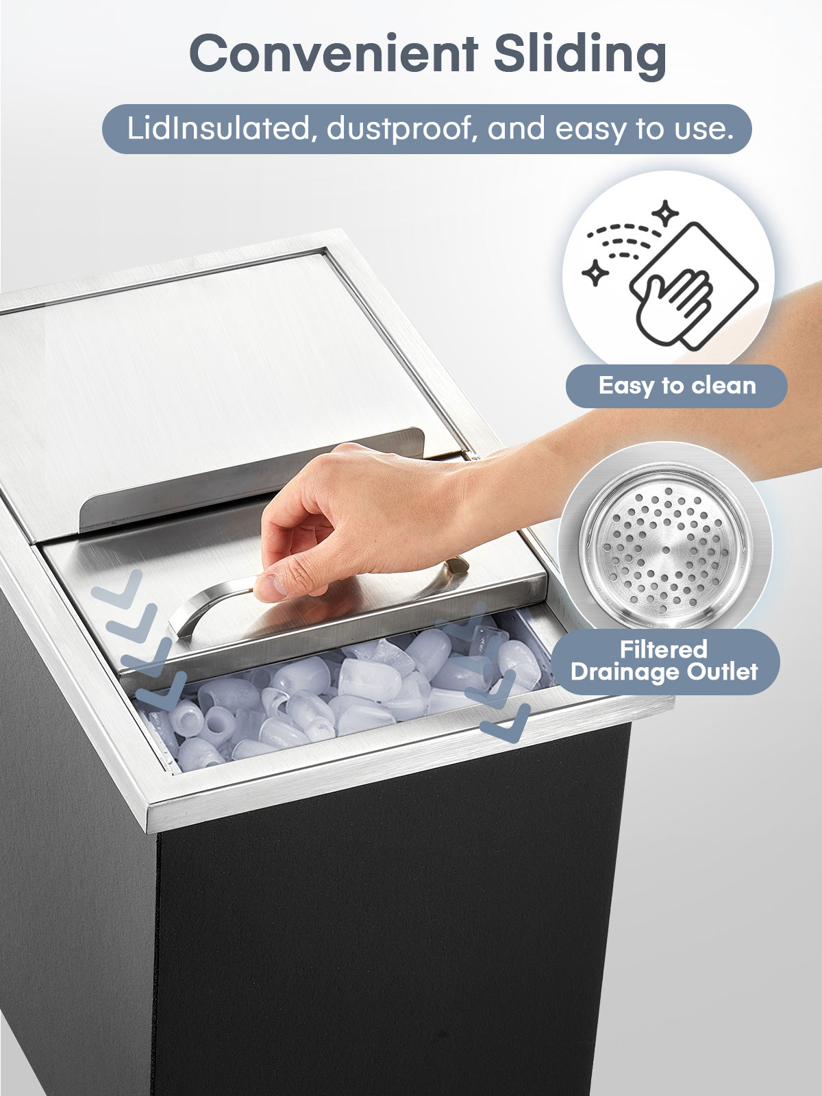 Drop in Ice Chest, 18" x 12" x 14.5", 28Qt Stainless Steel Ice Cooler with Sliding Lid