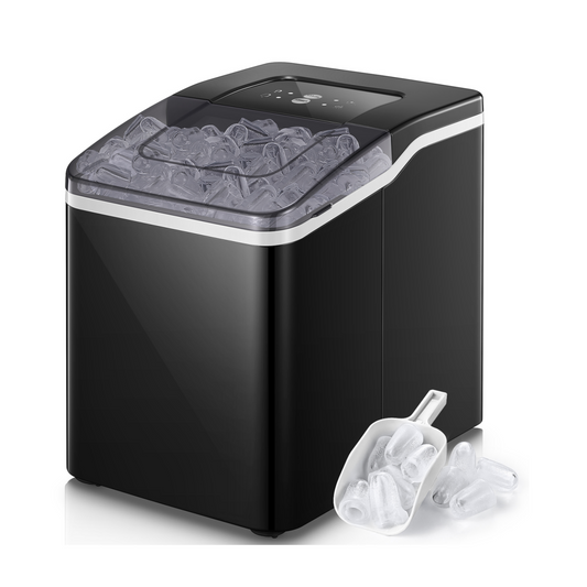𝟑𝟎 𝐥𝐛𝐬 Ice Maker Countertop 𝟐 𝐈𝐜𝐞 𝐒𝐢𝐳𝐞𝐬, Self-Clean, 9 Bullet-shaped Ice Cubes in 𝟔 𝐌𝐢𝐧𝐮𝐭𝐞𝐬, 2.1Qt Water Tank, 3.3lbs Ice Basket, Quiet under 40dB, Super Lightweight to Move, Compact Portable Ice Machine for Home Kitchen Party, Black