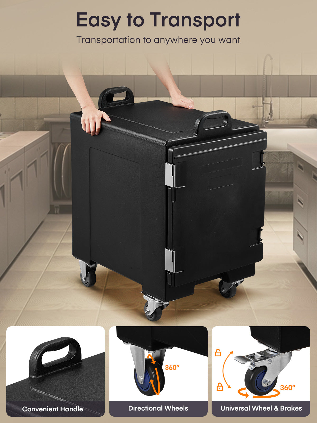 Catering Hot Box Food Warmer w/Wheels, 82Qt LLDPE Insulated Food Pan Carrier, Stackable Design, Handles, Front Loading Food Warmer for Restaurant Canteen Party
