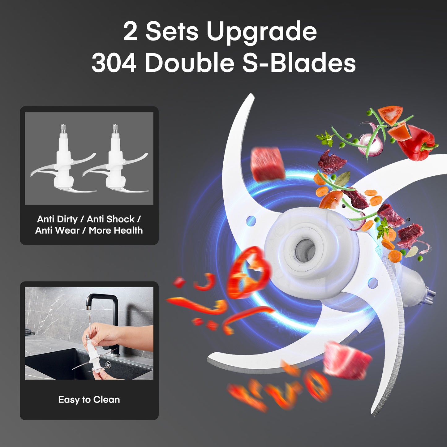 Food Processor, Electric Meat Grinder & Powerful 300W Food Chopper with Two Bowls (7 Cup+8 Cup) & 2 Bi-Level Blades for Nuts, Meat, Onion, Garlic, Baby Food