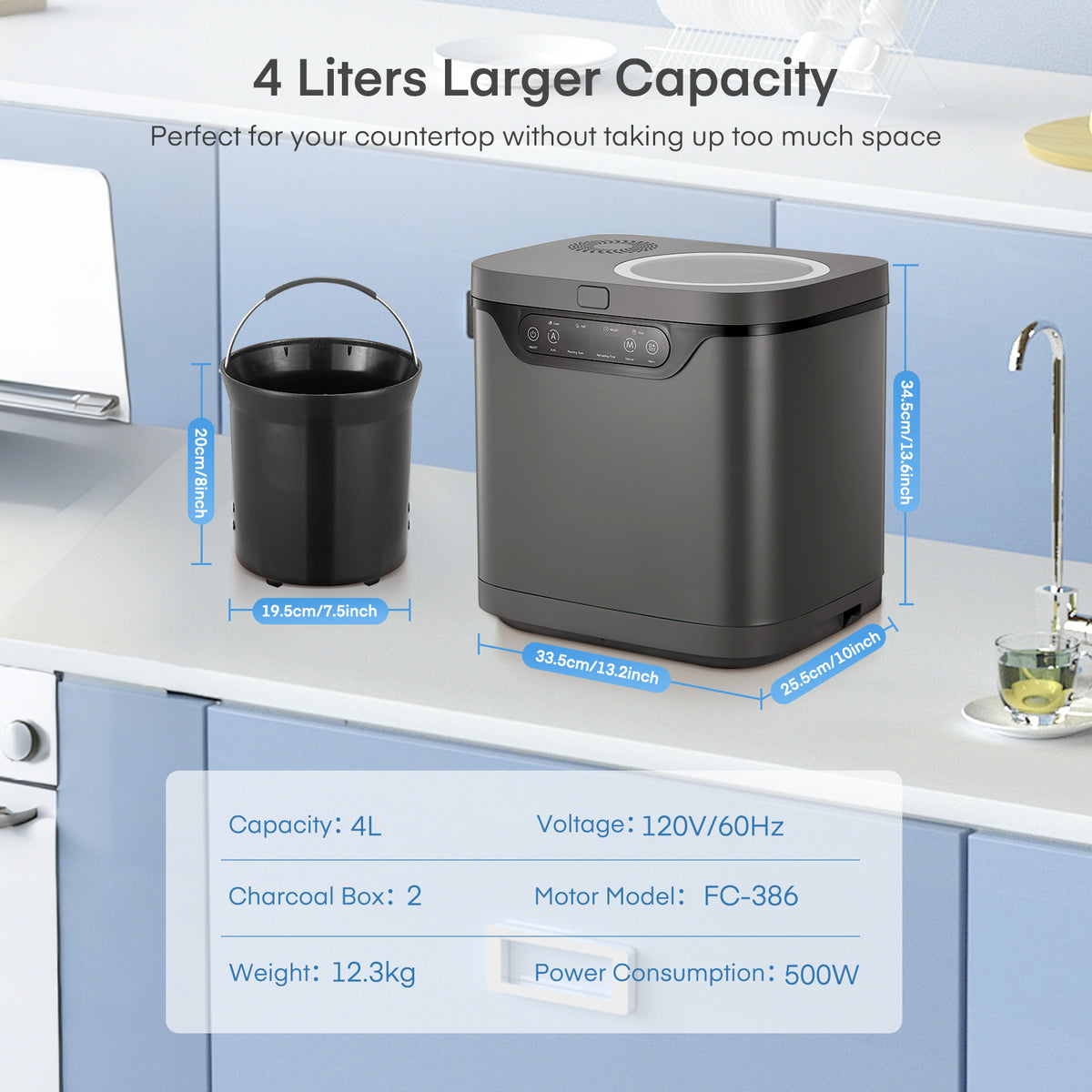 FOHERE 4L Electric Kitchen Composter with Carbon Filter, Viewing Window, Countertop Food Waste Recycler, Auto-Clean