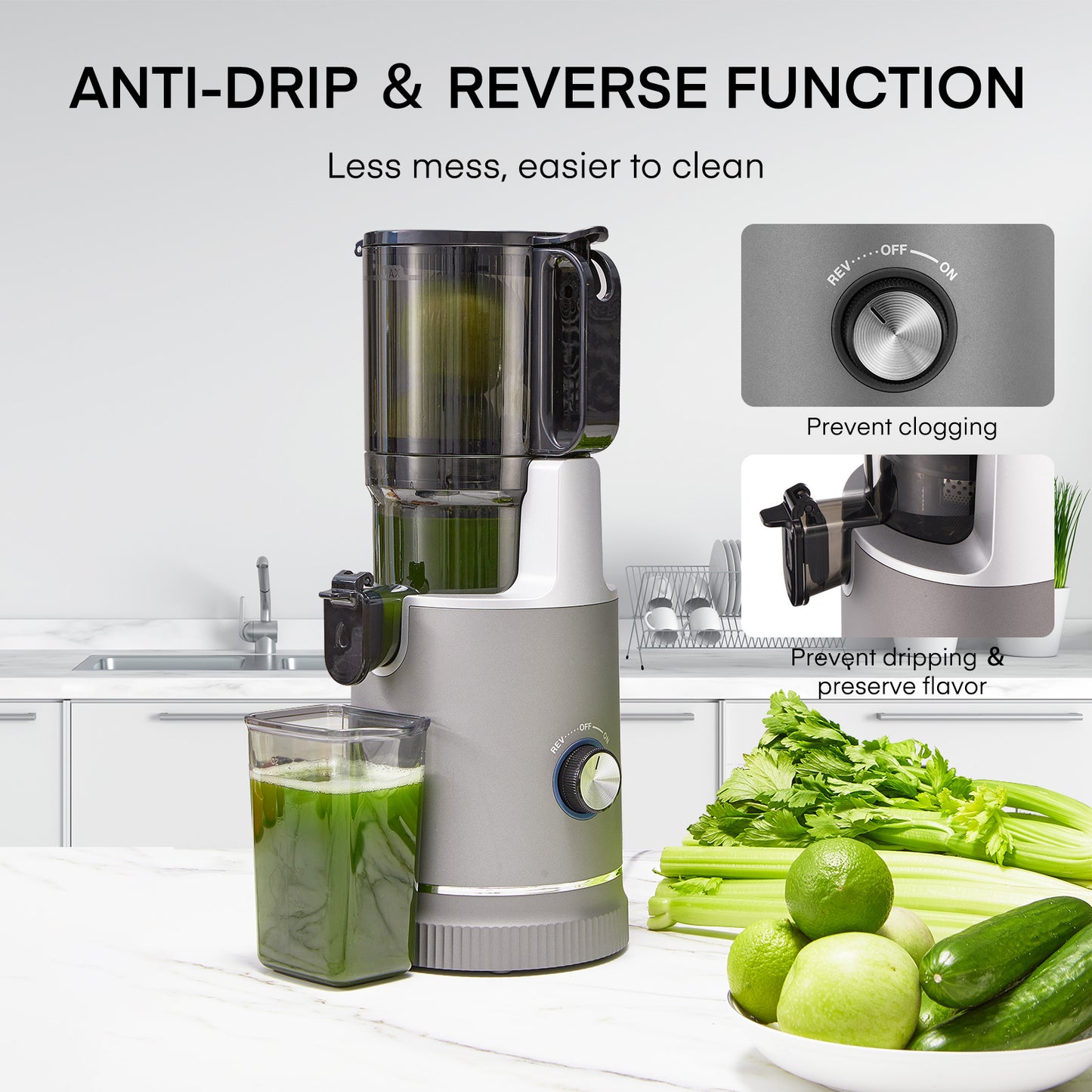 Fohere Juicer Machines, 5.3" Chute Cold Press Juicer 250 Watts, Slow Masticating Juicer Easy Clean
