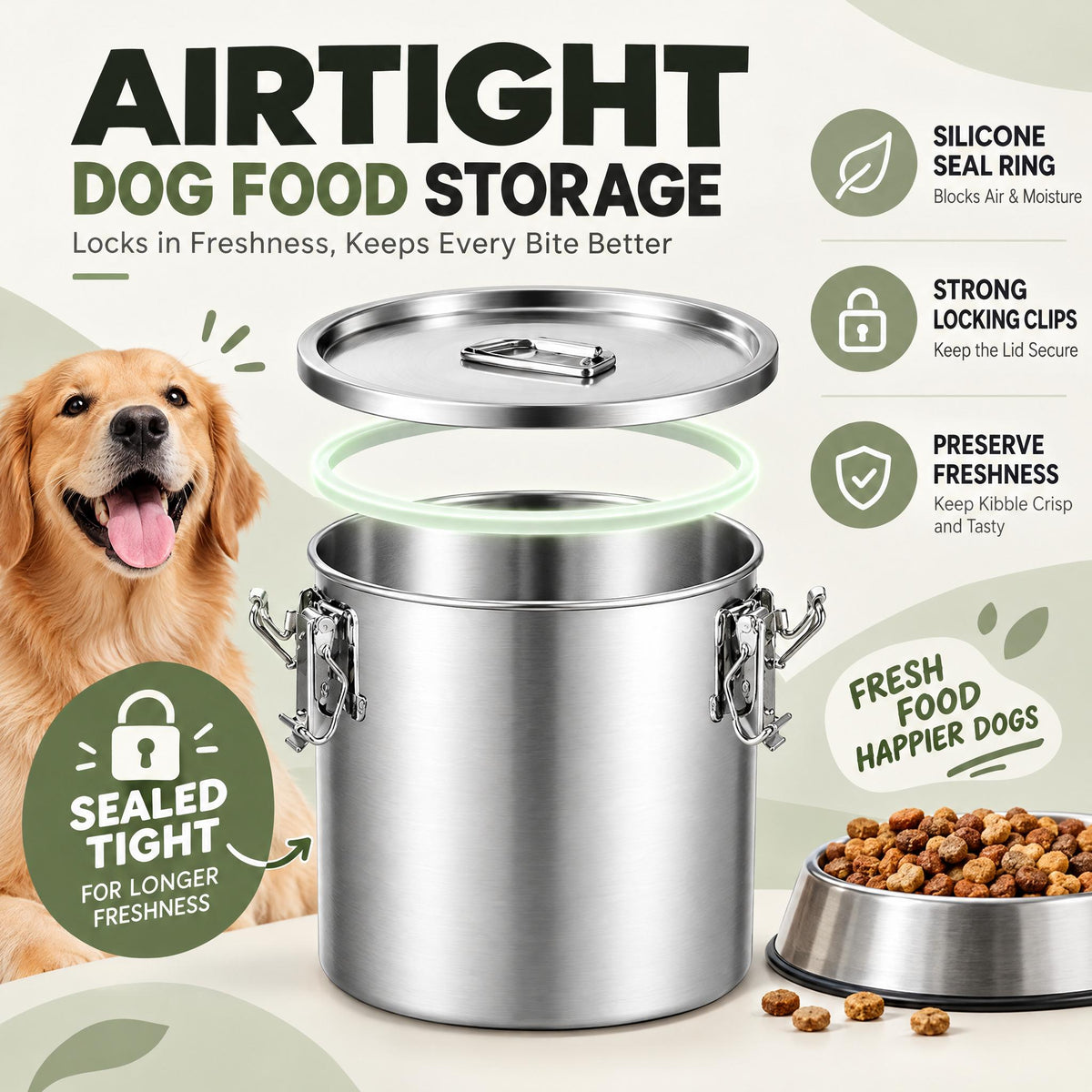 FOHERE Stainless Steel Dog Food Storage Container 25-30 LBS, Airtight Locking Lid Pet Food Bin, Moisture Proof Kibble Storage for Dogs Cats, Keep Fresh Easy to Clean