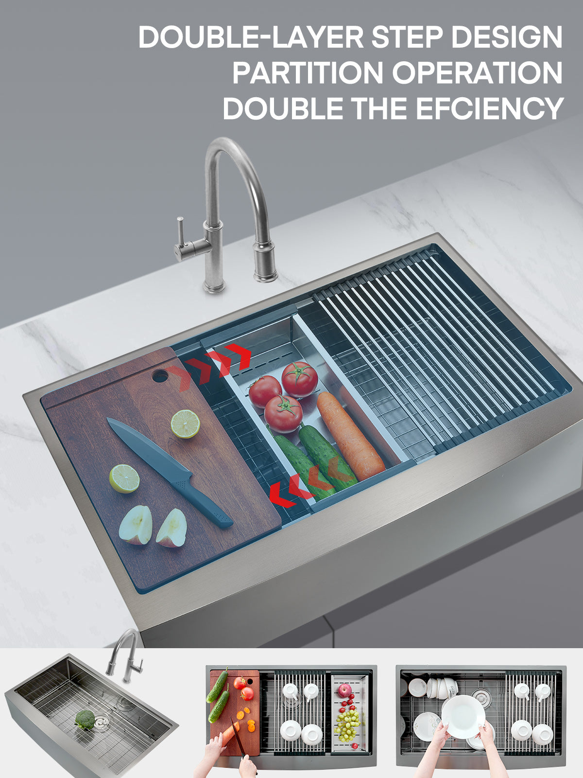 36" Farmhouse Single Basin Stainless Steel Sink, Above Counter Kitchen Sink, 5-in-1