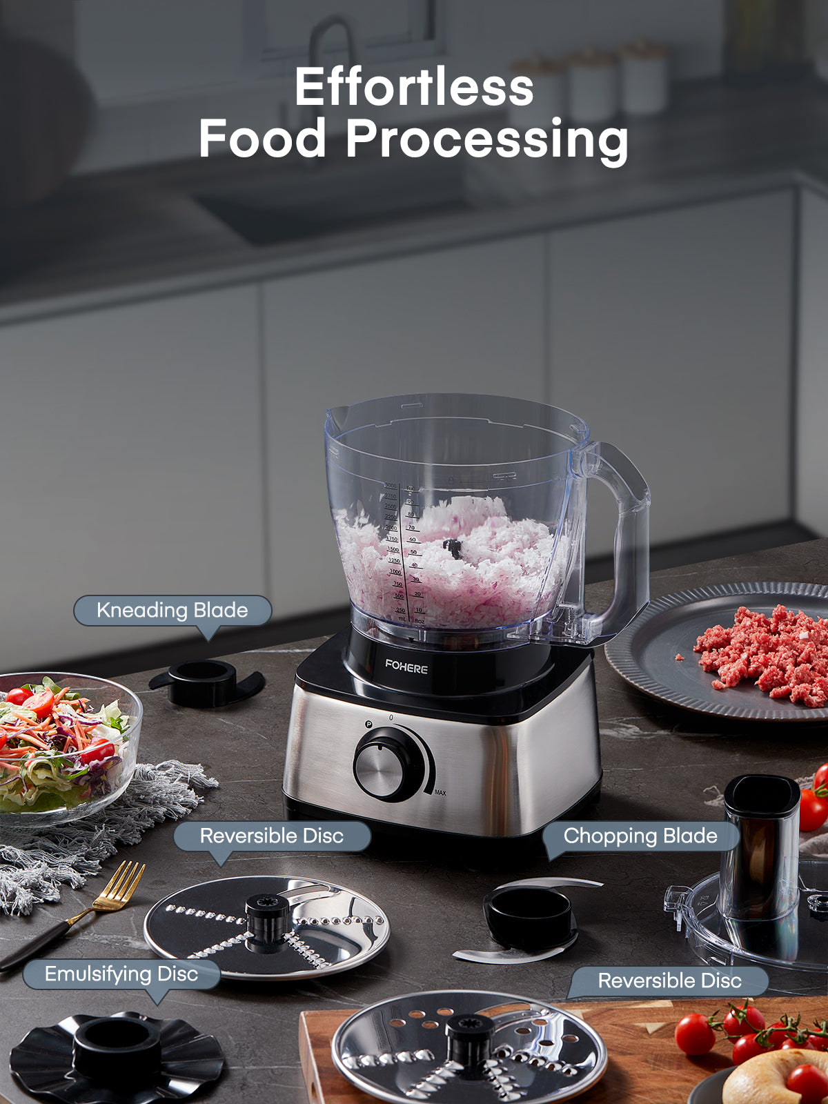 14 Cup Food Processor and Vegetable Chopper, 600W, 6 Functions for Shredding, Slicing, Doughing, Emulsifying and Juicing