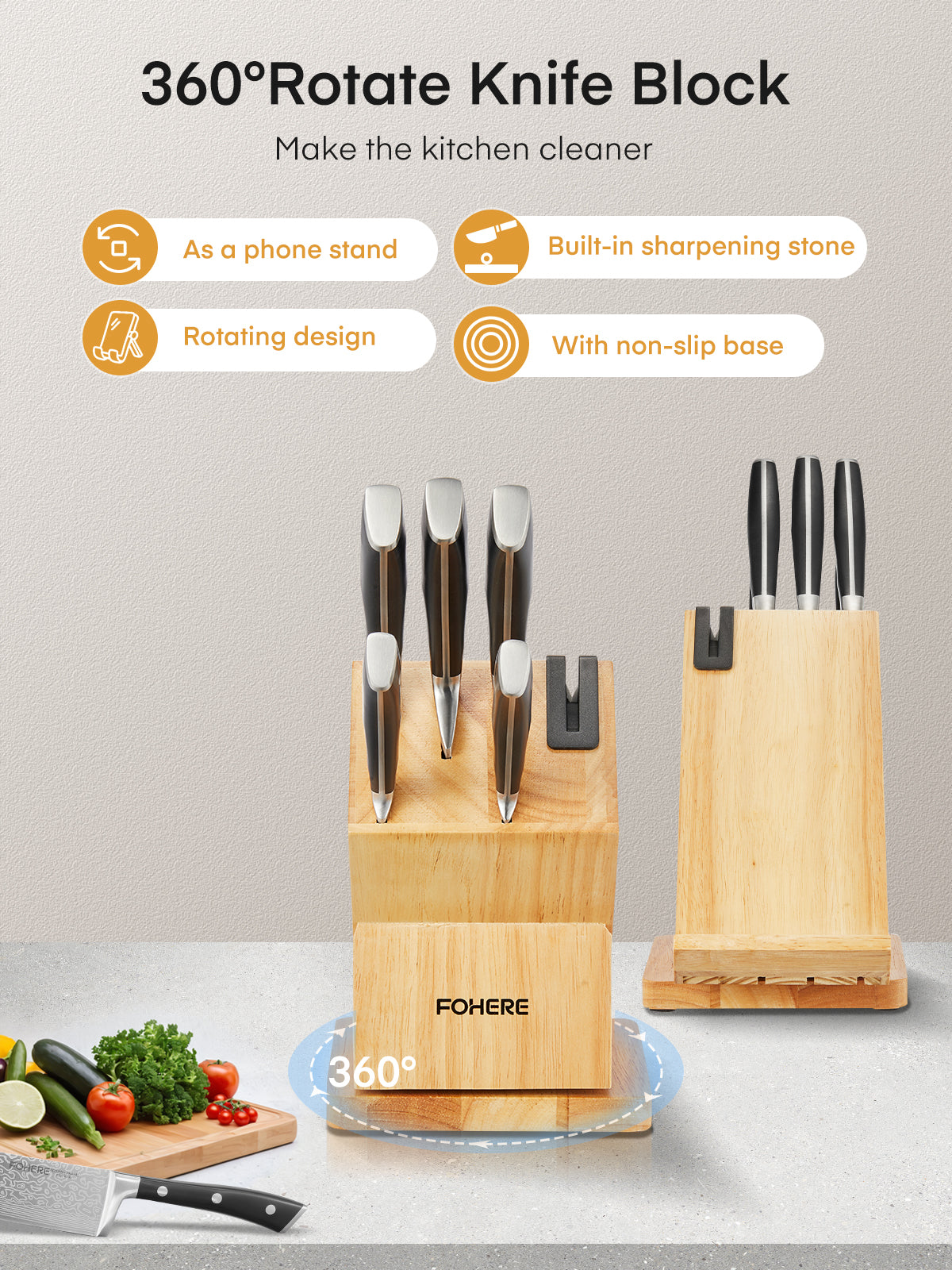 Knife Set, 360° Rotatable Knife Holder with 6pcs Kitchen Knife Sets, High Carbon Stainless Steel Knife Set with Rotating Block Tablet Holder, Perfect Holiday Gifts for Kitchen