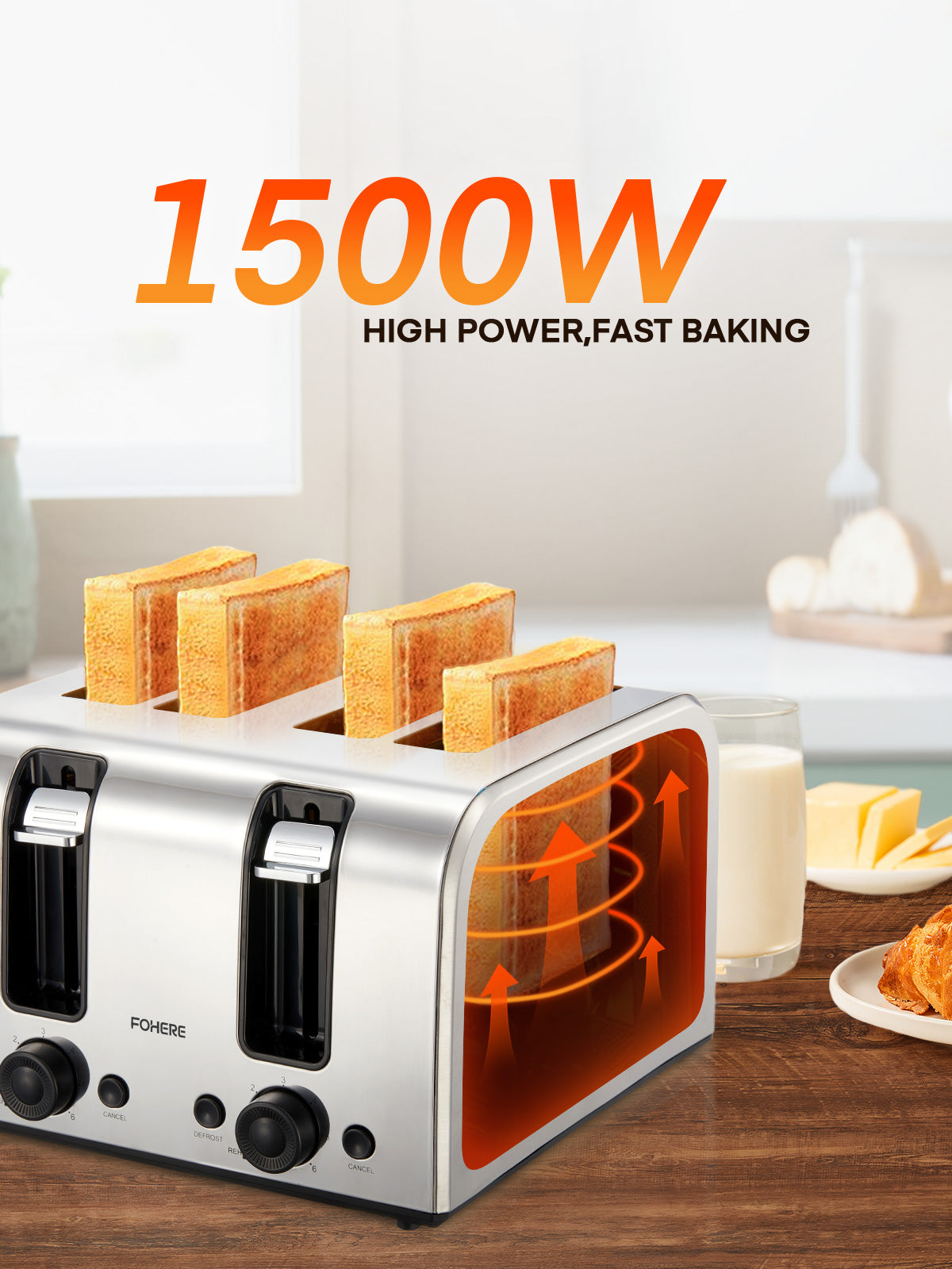 4-Slice Toaster -Stainless Steel Toaster Wide Slot, with Dual Control Panels, 6 Shade Settings, Removable Crumb Tray, Defrost, Reheat, Cancel