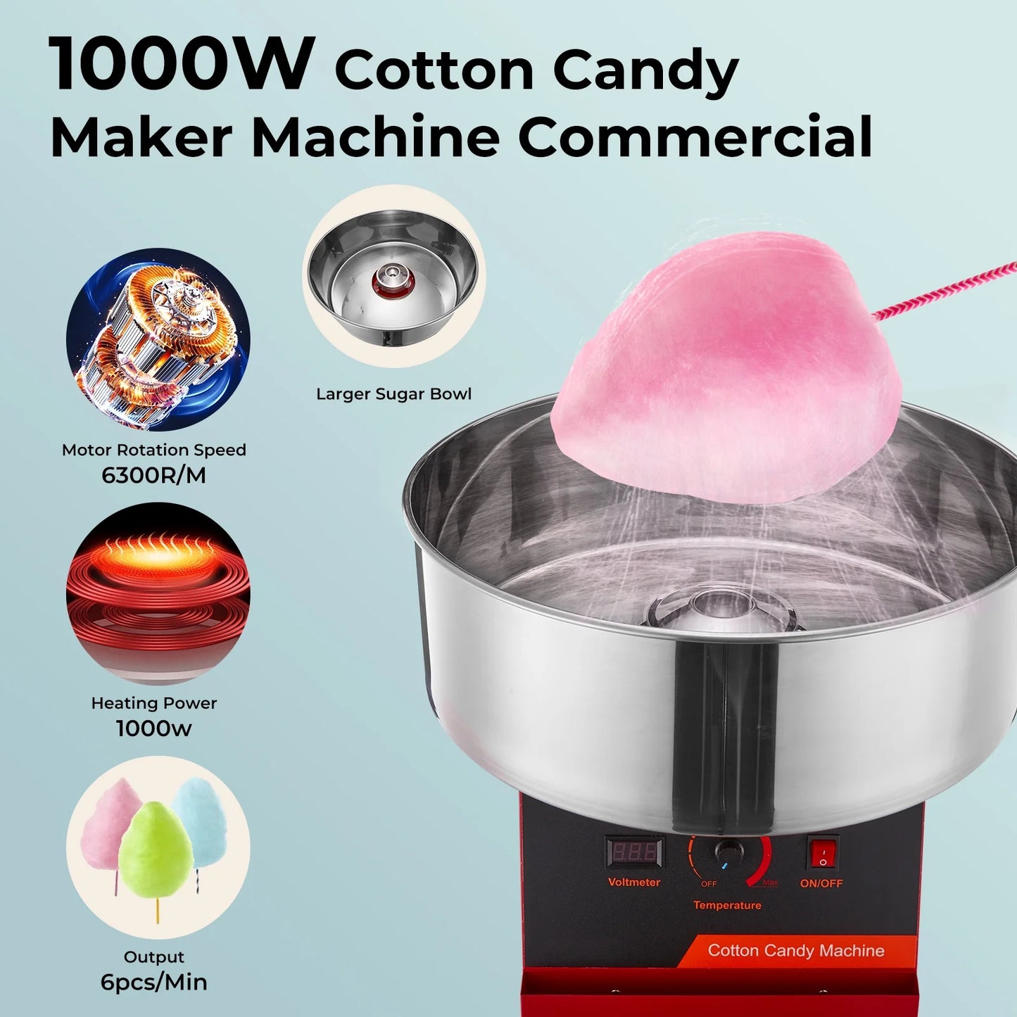 FOHERE Commercial Cotton Candy Machine, 1000W Cotton Candy Maker Machine, Candy Floss Maker with Stainless Steel Bowl, and Sugar Scoop,for Family Party, Kids Birthday Red