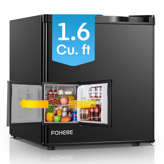 FOHERE 1.6 Cu. Ft Refrigerator with Top Freezer, Single Door, 46L Capacity, Black