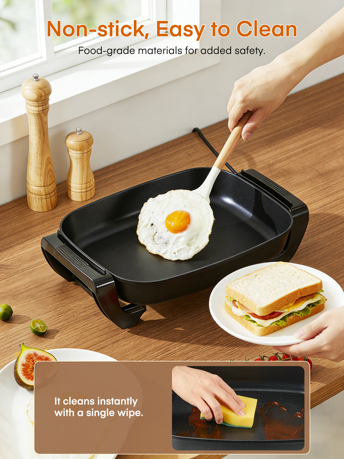 FOHERE 16-Inch Electric Skillet with Non-Stick Coating, Tempered Glass Cover, Precise Temperature Control, 1500W