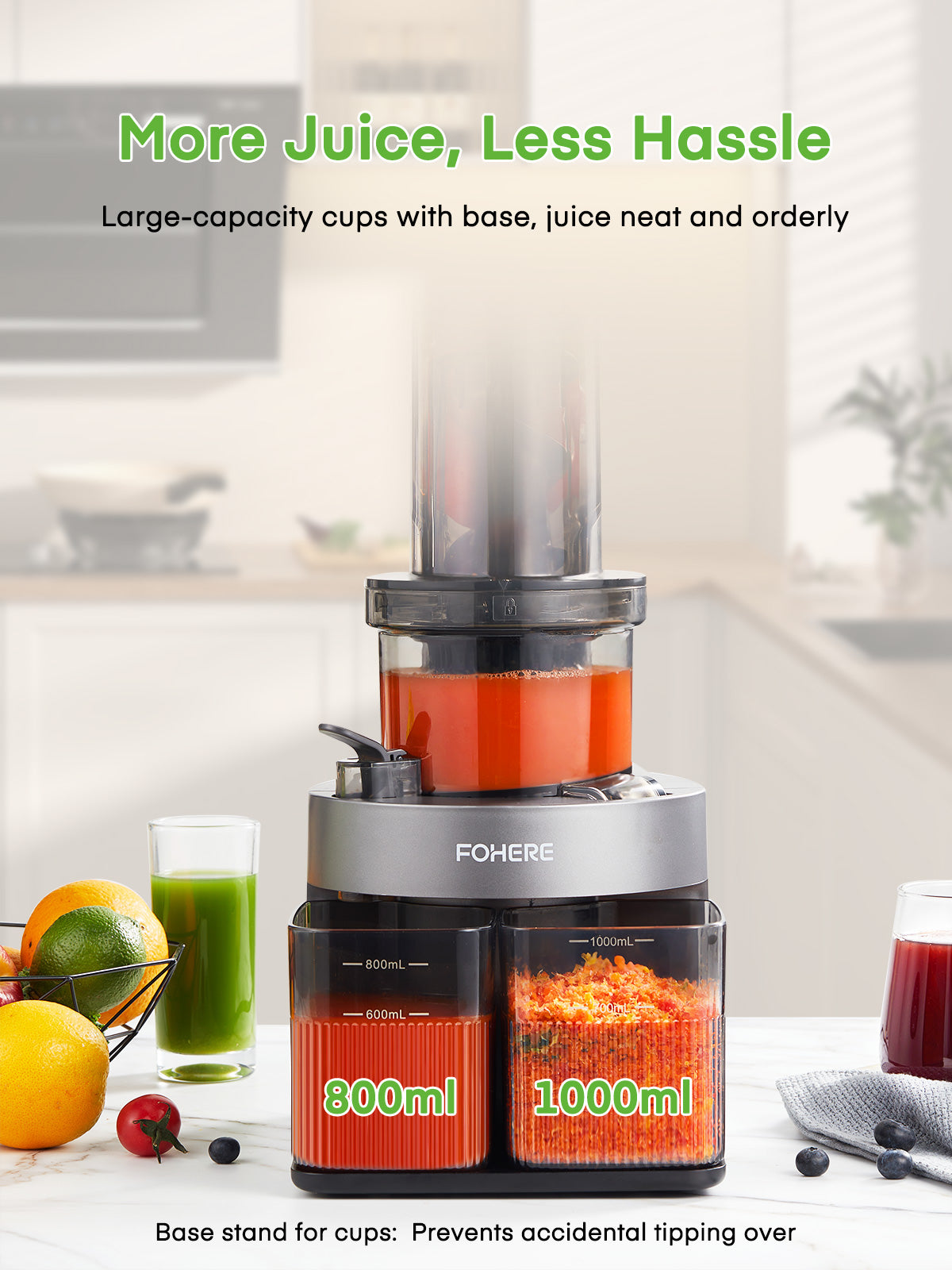 Fohere Cold Press Juicer Extractor, Juicer Machines Vegetable and Fruit Fit Whole Fruits & Vegetables with 4.72" Wide Mouth Easy to Clean, Slow Masticating Juicer with Reverse Function, Quiet Motor