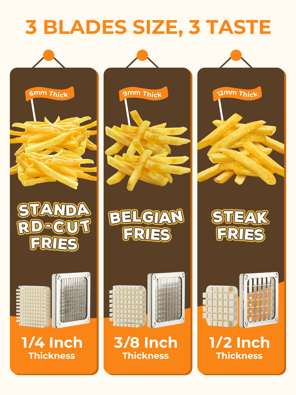 French Fry Cutter, Professional Potato Cutter Slicer with 1/2 In & 3/8 In & 1/4 In Stainless Steel Blades, FOHERE