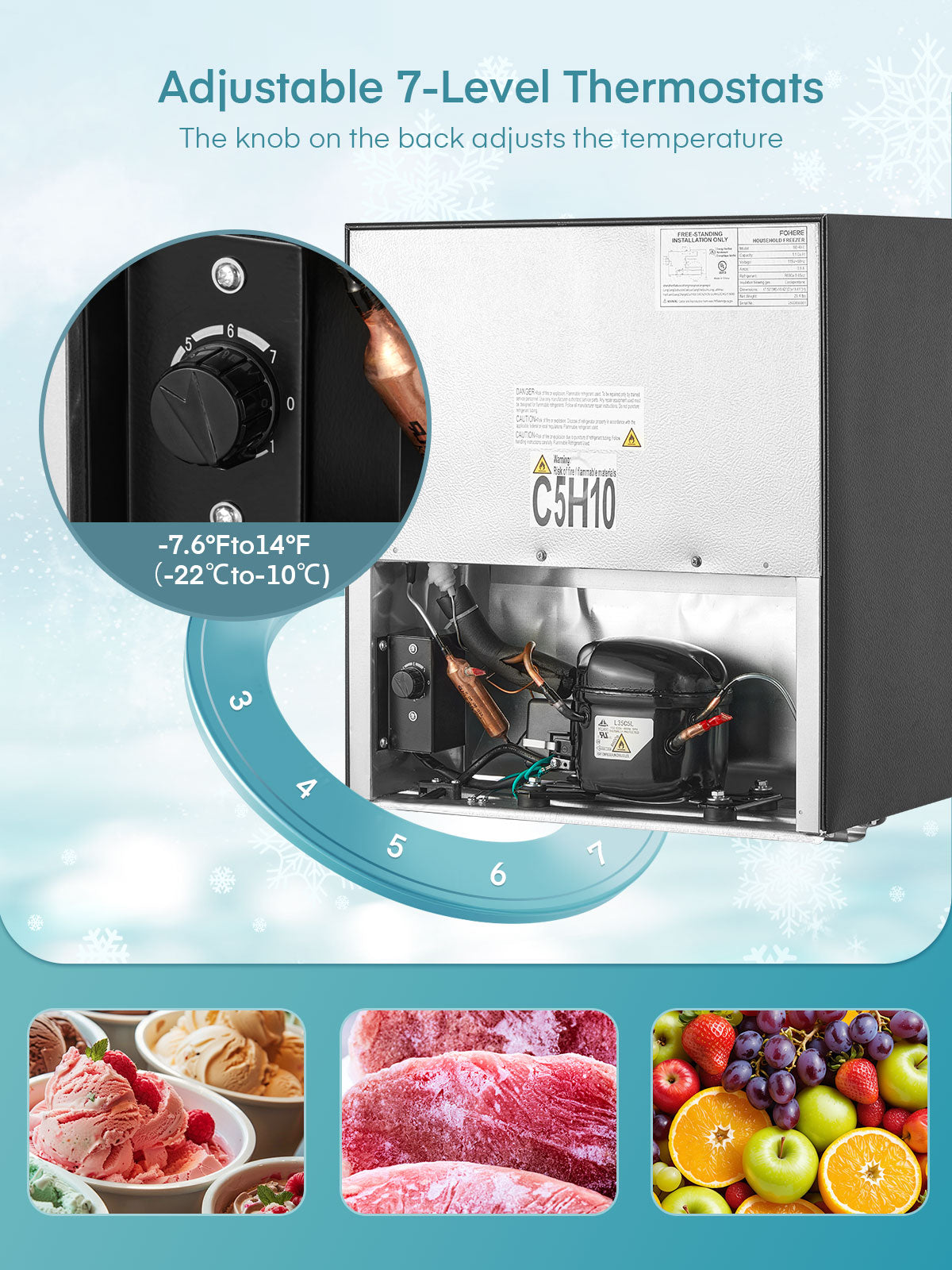 1.1 Cu Ft Mini Upright Freezer, Compact Countertop Freezer, 7-Level Thermostat, Quiet Operation, Reversible Door