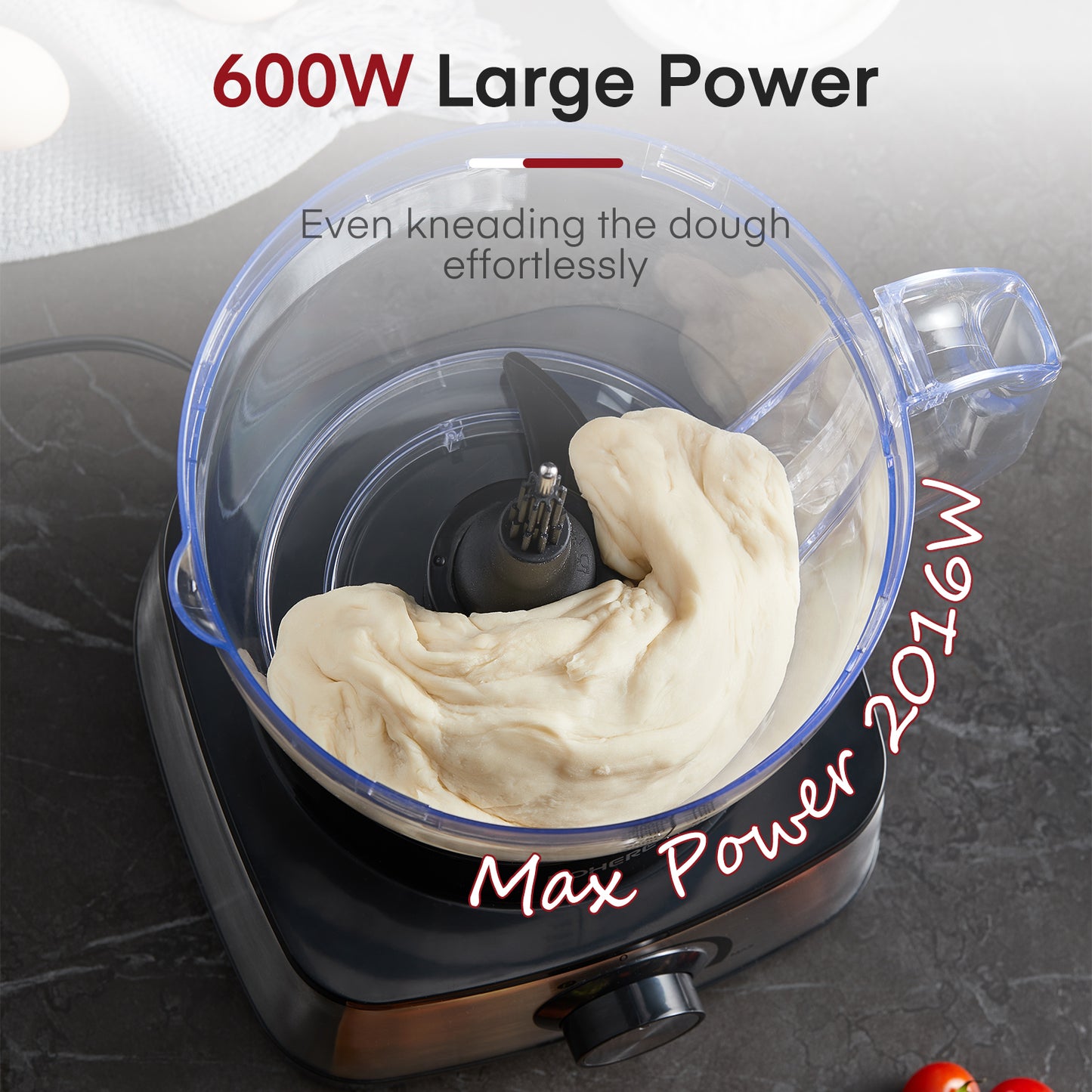 Food Processor 14 Cup, 600w, 2016W Peak Motor, 6 Functions for Shredding, Slicing, Doughing, Emulsifying and Juicing
