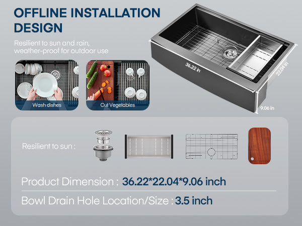 36" Farmhouse Single Basin Stainless Steel Sink, Above Counter Kitchen Sink, 5-in-1