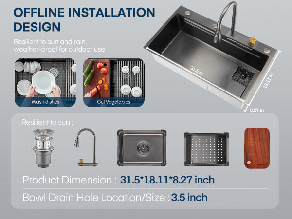 31.5" Waterfall Stainless Steel Kitchen Sink Set with Pull-Down Dual Temperature Control Faucet