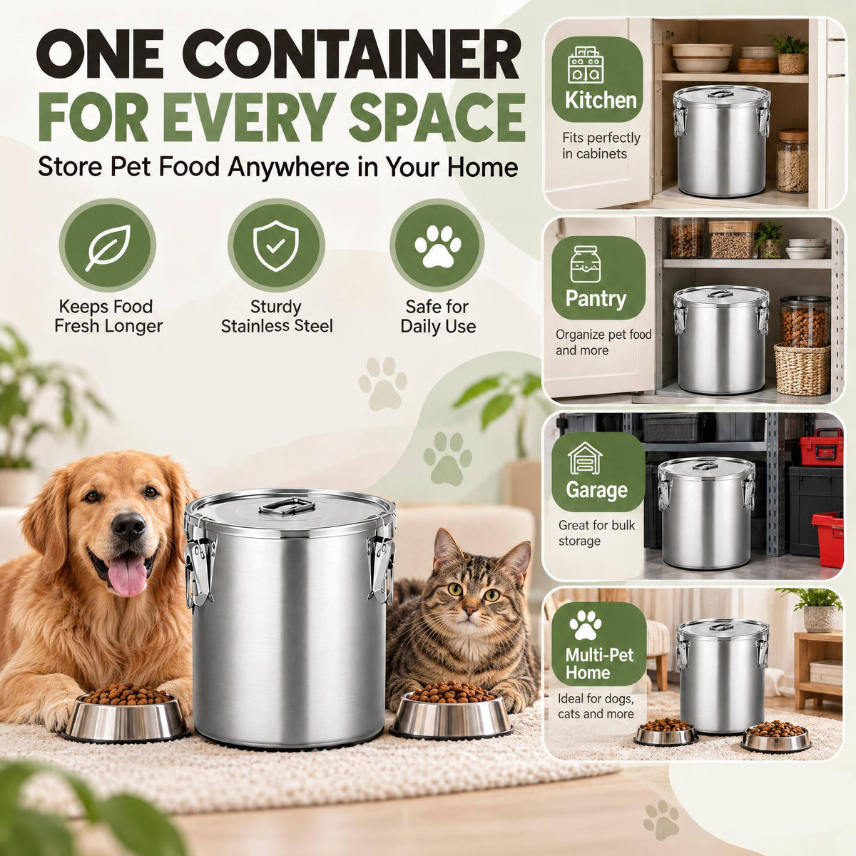 FOHERE Stainless Steel Dog Food Storage Container 25-30 LBS, Airtight Locking Lid Pet Food Bin, Moisture Proof Kibble Storage for Dogs Cats, Keep Fresh Easy to Clean