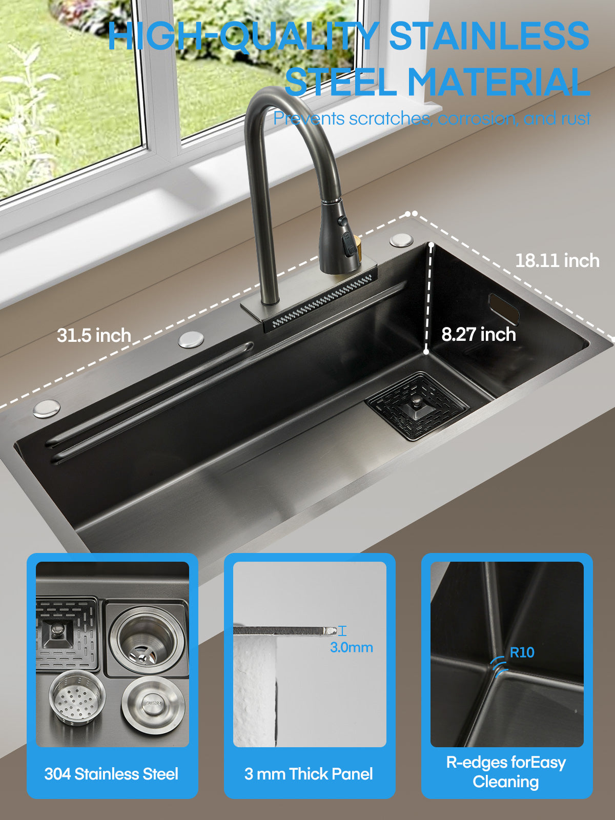 31.5" Waterfall Stainless Steel Kitchen Sink Set with Pull-Down Dual Temperature Control Faucet